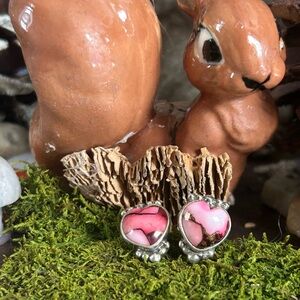 925 Sterling Red rose dahlia turquoise heart earrings